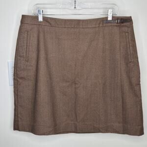 LL BEAN Classic Fit Brown/Tan Herringbone Pattern Womens Faux Wrap Skirt Size 14